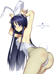 Rule 34 | 10s, 1girl, 2011, akiyama mio, animal ears, armpits, ass, bad id, bad pixiv id, blue eyes, blue hair, choker, fake animal ears, fishnet pantyhose, fishnets, from behind, happy new year, highres, k-on!, leotard, long hair, looking back, matching hair/eyes, nakabayashi reimei, new year, one-piece thong, pantyhose, playboy bunny, rabbit ears, rabbit tail, simple background, solo, tail, very long hair, wrist cuffs