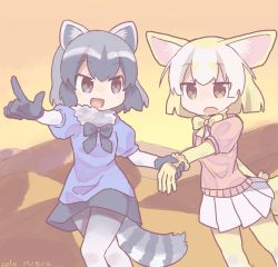 Rule 34 | 10s, 2girls, :d, :o, animal ears, artist name, black bow, black bowtie, black gloves, black hair, blonde hair, blue shirt, bow, bowtie, brown eyes, colo (frypan soul), common raccoon (kemono friends), dated, evening, fennec (kemono friends), fox ears, fox tail, fur collar, gloves, grey hair, hand grab, highres, kemono friends, looking at another, miniskirt, mountain, multiple girls, muted color, open mouth, outdoors, pantyhose, pink sweater, pleated skirt, pointing, raccoon ears, raccoon tail, shirt, short-sleeved sweater, short hair, short sleeves, skirt, sky, smile, sweater, tail, white legwear, white skirt, yellow bow, yellow bowtie, yellow gloves, yellow legwear