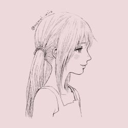 Rule 34 | 1girl, bare shoulders, blush, character request, closed mouth, flat chest, from side, hai to no monogatari, looking ahead, nemui usio, portrait, profile, simple background, sketch, sleeveless, smile, solo, twintails, twitter username