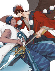 Rule 34 | 2boys, aomine daiki, blue hair, blue robe, highres, holding, holding sword, holding weapon, horns, kagami taiga, kuroko no basuke, looking at another, male focus, mirin (coene65), multiple boys, parted lips, red hair, red robe, robe, simple background, single horn, sword, teeth, weapon, white background