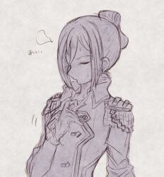 Rule 34 | 1girl, asozan (cocomil), closed eyes, collared jacket, epaulettes, folded ponytail, gloves, grey background, greyscale, hair between eyes, hand up, jacket, long sleeves, monochrome, morag ladair (xenoblade), parted lips, simple background, solo, sweat, upper body, xenoblade chronicles (series), xenoblade chronicles 2