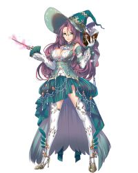 Rule 34 | 1girl, book, boots, breasts, cleavage, full body, glasses, gloves, green eyes, hat, high heels, highres, holding, holding book, holding wand, large breasts, long hair, looking at viewer, mole, mole under mouth, official art, pink hair, royal flush heroes, ruin (royal flush heroes), semi-rimless eyewear, solo, thigh boots, thighhighs, transparent background, wand, witch hat