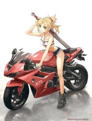 Rule 34 | 1girl, bandeau, blonde hair, boots, bra, bra strap, braid, breasts, clarent (fate), cleavage, denim, denim shorts, fate/apocrypha, fate (series), green eyes, hair ornament, hair scrunchie, high ponytail, highres, jewelry, konoe ototsugu, micro shorts, midriff, mordred (fate), mordred (fate/apocrypha), motor vehicle, motorcycle, necklace, scrunchie, short shorts, shorts, small breasts, smile, solo, strapless, sword, torn clothes, torn shorts, underwear, weapon