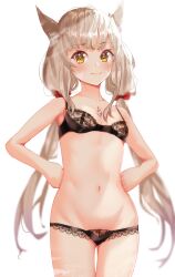 Rule 34 | 1girl, absurdres, animal ears, blush, cat ears, chest jewel, flat chest, grey hair, hair ribbon, hands on own hips, highres, long hair, looking at viewer, low twintails, navel, nia (blade) (xenoblade), nia (xenoblade), panties, ribbon, simple background, smile, solo, twintails, underwear, underwear only, vanssey, white background, xenoblade chronicles (series), xenoblade chronicles 2, yellow eyes