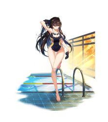 Rule 34 | 1girl, absurdres, arm behind head, arm up, armpits, bare arms, bare shoulders, barefoot, black one-piece swimsuit, blue eyes, breasts, brown hair, cleavage, competition swimsuit, counter:side, full body, goggles, unworn goggles, highleg, highleg swimsuit, highres, huge filesize, incredibly absurdres, karin wong, large breasts, leg up, long hair, looking at viewer, mouth hold, official alternate costume, official art, one-piece swimsuit, pool, solo, standing, standing on one leg, swimsuit, thighs, transparent background, very long hair, wet