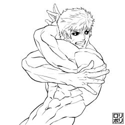 Rule 34 | 1boy, abs, black sclera, caligula (fate), colored sclera, completely nude, fate/grand order, fate (series), greyscale, highres, jamrolypoly, jojo no kimyou na bouken, jojo pose, looking at viewer, male focus, monochrome, muscular, navel, nipples, nude, pectorals, short hair, simple background, solo, upper body, white background