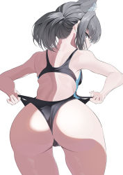 Rule 34 | 1girl, animal ear fluff, animal ears, ass, back, bare shoulders, black one-piece swimsuit, blue archive, blue eyes, blue one-piece swimsuit, blush, breasts, competition swimsuit, extra ears, grey hair, highleg, highleg swimsuit, looking at viewer, looking back, low ponytail, medium breasts, medium hair, one-piece swimsuit, osanpo02, partially visible vulva, ponytail, shiroko (blue archive), shiroko (swimsuit) (blue archive), solo, swimsuit, thighs, two-tone swimsuit, wedgie, wolf ears