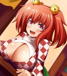 Rule 34 | 1girl, alternate breast size, bell, breasts, cleavage cutout, clothing cutout, fang, gero zoukin, hair bell, hair ornament, highres, huge breasts, indoors, jingle bell, looking at viewer, motoori kosuzu, open mouth, orange hair, pink eyes, short hair, solo, touhou, twintails