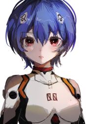 Rule 34 | 1girl, ayanami rei, blue hair, bodysuit, breasts, closed mouth, commentary, eyelashes, hair ornament, highres, interface headset, light frown, medium breasts, neon genesis evangelion, pilot suit, plugsuit, red eyes, short hair, solo, straight-on, symbol-only commentary, upper body, white background, white bodysuit, xing bi