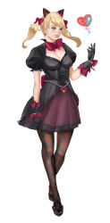 Rule 34 | 1girl, absurdres, animal ears, argyle, argyle clothes, argyle legwear, arm at side, bead bracelet, beads, black cat d.va, black dress, black footwear, black gloves, blonde hair, bow, bowtie, bracelet, breasts, cat ears, chlansgur1, cleavage, clenched hand, corset, d.va (overwatch), dress, earrings, full body, gloves, heart, heart earrings, highres, jewelry, lips, lolita fashion, looking away, medium breasts, medium hair, nose, official alternate costume, overwatch, overwatch 1, pantyhose, pink bow, pink lips, puffy short sleeves, puffy sleeves, purple skirt, shoes, short sleeves, simple background, skirt, smile, solo, standing, twintails, white background