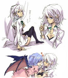 Rule 34 | 2girls, adjusting hair, annoyed, bat wings, black thighhighs, blush, bra, braid, breasts, cleavage, eye contact, female focus, heart, izayoi sakuya, legs, lingerie, looking at another, looking down, multiple girls, open clothes, open mouth, open shirt, purple hair, red eyes, remilia scarlet, ribbon, shinoasa, shirt, short hair, silver hair, sweatdrop, thighhighs, touhou, translated, twin braids, underwear, undressing, white shirt, wings, yuri