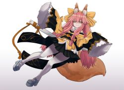 Rule 34 | 1girl, animal ear fluff, animal ears, b.d, bare shoulders, black skirt, bow, braid, breasts, fate/samurai remnant, fate (series), fox ears, fox girl, fox tail, full body, hair between eyes, hair bow, highres, japanese clothes, katana, kimono, long hair, looking at viewer, obi, off shoulder, pink hair, platform footwear, sash, sidelocks, simple background, skirt, small breasts, smile, solo, sword, tail, tamamo (fate), tamamo aria (fate), thighhighs, twintails, variant set, weapon, white background, white thighhighs, wide sleeves, yellow bow, yellow eyes, yellow kimono