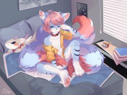 Rule 34 | 1boy, alarm clock, animal ears, animal hands, bed, bedroom, blue eyes, claws, clock, collar, facial mark, fox ears, fox tail, furry, furry male, highres, indoors, male focus, multiple tails, naked skirt, navel, on bed, open clothes, original, pillow, pink hair, qian (aqianr), rubbing eyes, short hair, signature, sitting, skirt, solo, stuffed toy, tail, uneven eyes, waking up, window