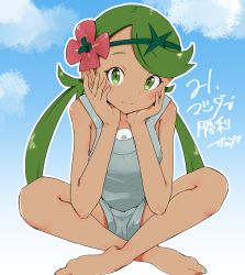 Rule 34 | 1girl, barefoot, creatures (company), dark-skinned female, dark skin, flower, game freak, green eyes, green hair, green hairband, grey shorts, hair flower, hair ornament, hairband, hands on own cheeks, hands on own face, indian style, legs, long hair, looking at viewer, mallow (pokemon), ninchan, nintendo, pokemon, pokemon sm, shorts, sitting, solo, translation request, twintails