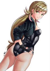 Rule 34 | 1girl, absurdres, artist name, ass, black canary, blonde hair, breasts, butt crack, catsliketodraw, colored tips, cosplay, dc comics, female focus, fire emblem, fire emblem heroes, fishnets, gluteal fold, green eyes, highres, jacket, latex, leather, leggings, lips, looking at viewer, multicolored hair, nintendo, sharena (fire emblem), sideboob, skin tight, smile, solo, thighs, white background