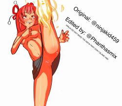 Rule 34 | 1girl, blush, covering privates, covering breasts, diable jambe, fire, hand on own chest, kicking, leg up, nipples, no panties, pussy, red hair, roblox, simple background, skirt, solo, thighs, third-party edit, topless, white background