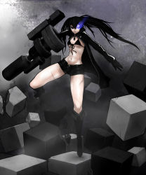 Rule 34 | 10s, 1girl, bikini, bikini top only, black bikini, black hair, black rock shooter, black rock shooter (character), blue eyes, boots, cannon, coat, female focus, glowing, glowing eyes, gun, highres, long hair, metal akira, navel, partially colored, scar, shorts, solo, swimsuit, thighs, twintails, weapon