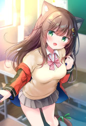 Rule 34 | :d, animal ears, backlighting, bad id, bad pixiv id, blurry, blurry background, blush, braid, breasts, brown hair, brown sweater, cat ears, cat girl, cat tail, chair, commentary request, crescent, crescent hair ornament, day, depth of field, desk, fang, green eyes, green ribbon, grey skirt, hair between eyes, hair ornament, hairclip, hand up, highres, indoors, jacket, long hair, long sleeves, looking at viewer, masayo (gin no ame), medium breasts, off shoulder, open clothes, open jacket, open mouth, original, pleated skirt, red jacket, ribbon, school chair, school desk, school uniform, skirt, smile, solo, star (symbol), star hair ornament, sunlight, sweater, tail, tail ornament, tail ribbon, very long hair, white background