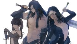 Rule 34 | 1boy, 2girls, abs, animal hood, bare pectorals, black hair, breasts, choker, cleavage, elbow gloves, gloves, hair over eyes, highres, holding, holding sword, holding weapon, hood, hood over eyes, huge weapon, large breasts, long hair, medium hair, multiple girls, navel, nomeringo, orca hood, original, pectorals, signature, smile, sword, twintails, weapon