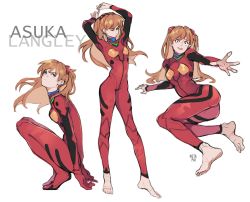 Rule 34 | 1girl, arm support, artist request, ass, barefoot, bodysuit, brown hair, character name, highres, long hair, looking to the side, lying, multiple views, neon genesis evangelion, netapai1, plugsuit, red bodysuit, shiny clothes, souryuu asuka langley, squatting, standing, toes, twintails, very long hair, wide hips
