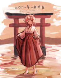 Rule 34 | 1girl, 2021, ahoge, alternate costume, barefoot, commentary request, dated, hair ornament, hakama, hakama skirt, highres, i-58 (kancolle), japanese clothes, kantai collection, miko, one-hour drawing challenge, orange sky, outdoors, pink eyes, pink hair, red hakama, short hair, skirt, sky, solo, standing, torii, wss (nicoseiga19993411)