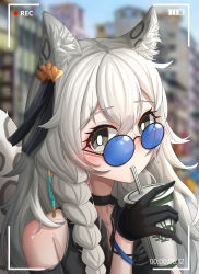 Rule 34 | 1girl, absurdres, alternate costume, animal ears, arknights, black-framed eyewear, black choker, black gloves, black vest, blue-tinted eyewear, blurry, blurry background, braid, bright pupils, brown eyes, casual, choker, city, cup, depth of field, disposable cup, drinking, drinking straw, eyewear on head, gloves, grey hair, highres, holding, holding cup, leopard ears, leopard girl, leopard tail, long hair, orangeizumi, pramanix (arknights), recording, round eyewear, side braid, smile, solo, tail, tinted eyewear, upper body, vest, wrist cuffs