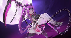 Rule 34 | 1girl, armor, ass, belt, black footwear, black gloves, black ribbon, breastplate, chain, closed mouth, commentary request, expressionless, fate/grand order, fate (series), faulds, full body, full moon, gloves, hair intakes, hair ribbon, headband, hip vent, holding, holding weapon, knees up, long hair, looking at viewer, medusa (fate), medusa (lancer) (fate), medusa (rider) (fate), miniskirt, moon, night, night sky, outdoors, pelvic curtain, ponytail, purple eyes, purple hair, ribbon, rider, scythe, shoes, shoulder armor, showgirl skirt, skirt, sky, sleeveless, smile (mm-l), solo, star (sky), starry sky, thighhighs, very long hair, weapon, white skirt, white thighhighs