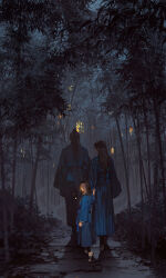 Rule 34 | 1girl, 2boys, brown eyes, brown hair, bush, chinese clothes, closed mouth, father and son, forest, full body, highres, ibuki satsuki, lamp, long hair, long sleeves, looking at viewer, looking back, mother and son, multiple boys, nature, night, original, outdoors, parent and child, parted bangs, ponytail, sandals, shadow, toes, tree, walking, wide sleeves