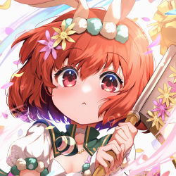 Rule 34 | 1girl, animal ears, axe, blush, bright pupils, close-up, closed mouth, fake animal ears, fire emblem, fire emblem: mystery of the emblem, fire emblem heroes, flower, hair between eyes, hair flower, hair ornament, highres, holding, holding axe, holding weapon, light rays, looking at viewer, maria (fire emblem), maria (spring) (fire emblem), nakabayashi zun, nintendo, official alternate costume, portrait, puffy short sleeves, puffy sleeves, rabbit ears, red eyes, red hair, short hair, short sleeves, simple background, solo, weapon