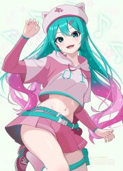 1girl absurdres animal_hat aqua_eyes aqua_hair cat_hat fortnite futatunoniji gradient_hair hair_ornament hat hatsune_miku headset highres hood hoodie long_hair looking_at_viewer midriff multicolored_hair navel neko_hatsune_miku official_alternate_costume open_mouth pink_hair pink_hoodie pink_shoes pink_skirt pink_sleeves shoes skirt smile sneakers solo stomach twintails vocaloid