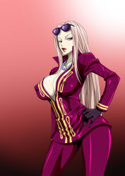 Rule 34 | 1girl, black gloves, blonde hair, breasts, cleavage, covered erect nipples, cowboy shot, glasses, gloves, gradient background, hand on own hip, highres, hina (one piece), jewelry, large breasts, legs, long hair, long sleeves, looking at viewer, necklace, nel-zel formula, one piece, pants, parted lips, pink eyes, puffy nipples, serious, simple background, solo, standing, sunglasses, sunglasses on head, thighs
