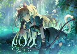 Rule 34 | 1girl, ahoge, animal ears, atalanta (fate), black gloves, blonde hair, boots, bow (weapon), cat ears, cat tail, dress, fate/apocrypha, fate (series), forest, gloves, gradient hair, green dress, green eyes, green hair, highres, kaze minoru so-ru, leaning forward, long hair, multicolored hair, nature, tail, thigh boots, weapon