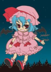 Rule 34 | 1girl, :d, bat (animal), bat wings, blue hair, bow, chibi, city, cityscape, demon girl, dress, fang, female focus, flat chest, flying, frills, full body, glowing, hat, loafers, lolita fashion, looking at viewer, mame., night, night sky, open mouth, outdoors, outstretched arm, outstretched hand, pink hat, red eyes, remilia scarlet, shoes, short hair, sky, smile, socks, solo, star (sky), starry sky, touhou, wings, wrist cuffs