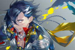 Rule 34 | 1boy, armor, black hair, blood, blood on face, chain, chain necklace, collarbone, fate/grand order, fate (series), grey background, grey eyes, hair between eyes, jewelry, kotobuki toro, male focus, mandricardo (fate), multicolored hair, necklace, parted lips, pectoral cleavage, pectorals, portrait, short hair, solo, splatter, streaked hair