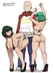 Rule 34 | 1boy, 2girls, arms up, artist logo, ass, bare shoulders, bent over, bikini, black bikini, black footwear, blue pants, blush, breasts, closed mouth, clothes writing, donburi (donburikazoku), expressionless, fanbox username, flipped hair, from behind, fubuki (one-punch man), green eyes, green hair, hanging breasts, high heels, highres, hood, hood down, kneepits, long sleeves, looking at another, looking back, looking to the side, medium hair, multiple girls, nose blush, one-punch man, open mouth, pants, parody, parted lips, patreon username, saitama (one-punch man), shoulder blades, siblings, side-tie bikini bottom, simple background, sisters, small breasts, standing, string bikini, swimsuit, tatsumaki, the simpsons, thighs, thong bikini, underboob, watermark, web address, wedgie