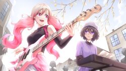 Rule 34 | 2girls, bass guitar, blonde hair, breasts, brown hair, closed mouth, glasses, hair between eyes, highres, holding bass, instrument, keyboard (instrument), levana violette (lusan666), long sleeves, low twintails, lusan666, medium breasts, midriff, multicolored hair, multiple girls, open mouth, original, pink hair, purple eyes, purple shirt, shirt, twintails