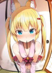 Rule 34 | 1girl, animal ear fluff, animal ears, bare shoulders, blonde hair, blue eyes, blush, closed mouth, collarbone, fisheye, flag, food, fox ears, greatmosu, heart, heart-shaped pupils, highres, kemomimi oukoku kokuei housou, mikoko (kemomimi oukoku kokuei housou), pocky, red hair, solo, symbol-shaped pupils, thighhighs, twintails, virtual youtuber, white thighhighs