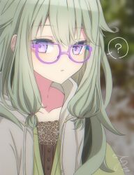 Rule 34 | 1girl, ?, bespectacled, blurry, blurry background, brown camisole, buttons, camisole, cardigan, casual, collarbone, commentary, drawstring, esreverebirth, glasses, green cardigan, hair flaps, highres, hood, hood down, kusanagi nene, lace-trimmed camisole, lace trim, layered clothes, light green hair, long hair, looking at viewer, low-tied long hair, open clothes, outdoors, parted lips, project sekai, purple-framed eyewear, purple eyes, semi-circular eyewear, signature, solo, spoken question mark, upper body