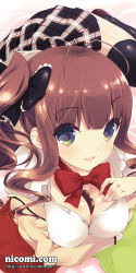 Rule 34 | 1girl, ahoge, antenna hair, between breasts, black thighhighs, blue eyes, bow, breasts, candy, character request, chocolate, chocolate heart, copyright name, fingernails, food, green eyes, hair bow, hair ornament, heart, loafers, long sleeves, looking at viewer, lying, multicolored eyes, nicomi.com, on stomach, original, plaid, plaid skirt, school uniform, shoes, show (rinnetenshow), skirt, smile, solo, thighhighs, twin ahoge, twintails, valentine, watermark, web address, zettai ryouiki