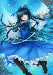 Rule 34 | 1girl, black hair, black pantyhose, blue dress, blue eyes, boots, bow, brooch, dress, fairy wings, hair bow, jewelry, juliet sleeves, long hair, long sleeves, mosho, open mouth, painting (medium), pantyhose, puffy sleeves, shirt, smile, solo, star sapphire, touhou, traditional media, very long hair, watercolor (medium), wide sleeves, wings