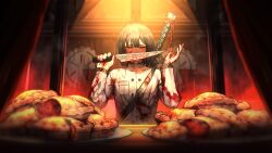 Rule 34 | 1girl, black hair, blood, blood on clothes, blood on face, blood on hands, blurry, blurry background, blurry foreground, bob cut, food, game cg, highres, holding, holding knife, katana, kitchen knife, knife, limbus company, long sleeves, looking at viewer, nai ga, official art, pie, project moon, red eyes, ryoshu (project moon), shirt, short hair, solo, standing, sword, weapon, white shirt
