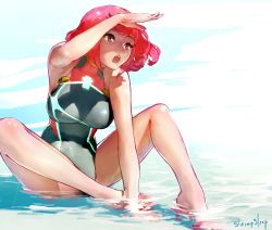Rule 34 | 1girl, bad id, bad twitter id, black one-piece swimsuit, blush, breasts, competition swimsuit, covered navel, day, dress, earrings, fingerless gloves, full body, gloves, halterneck, headpiece, highres, jewelry, large breasts, nintendo, one-piece swimsuit, open mouth, outdoors, pyra (pro swimmer) (xenoblade), pyra (xenoblade), red eyes, red hair, shaded face, short hair, shrimqsleeq, simple background, sitting, smile, solo, spread legs, swept bangs, swimsuit, teeth, upper teeth only, wide-eyed, xenoblade chronicles (series), xenoblade chronicles 2