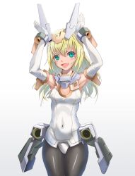 Rule 34 | 1girl, animal print, armpits, arms up, baselard, blonde hair, blue eyes, bodysuit, breasts, butterfly print, character name, cleavage, covered navel, frame arms girl, highres, long hair, mecha musume, medium breasts, misenouchi, pantyhose, rabbit pose, smile, solo, white background
