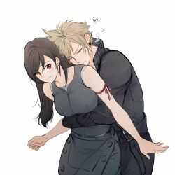 1boy, 1girl, bangs, black clothes, black coat, black gloves, blonde hair, blush, brown hair, closed mouth, cloud strife, coat, collar, collarbone, commentary, couple, dress, ear piercing, earrings, english commentary, eyebrows visible through hair, final fantasy, final fantasy vii, gloves, grey dress, hair between eyes, heart, hetero, highres, hug, hug from behind, jewelry, khaw (cloudstdontcare), lips, long hair, looking at viewer, piercing, red ribbon, ribbon, simple background, sleeveless, sleeveless dress, smile, spiked hair, standing, tifa lockhart, upper body, white background