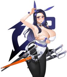 Rule 34 | 1girl, absurdres, armpits, black hair, blue eyes, blue hair, breasts, character request, detached collar, highres, holstered, invincible dragon (last origin), large breasts, last origin, long hair, looking to the side, nail polish, pantyhose, playboy bunny, sohn woohyoung, solo, sword, weapon