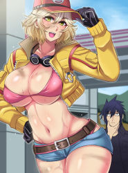 Rule 34 | 10s, 1boy, 1girl, belt, bikini, bikini top only, blonde hair, breasts, cidney aurum, cleavage, collarbone, curvy, day, final fantasy, final fantasy xv, gloves, green eyes, hand on own hip, hand on own chin, hat, hip focus, jacket, large breasts, looking at viewer, navel, nishida megane, noctis lucis caelum, open mouth, pink bikini, short hair, short shorts, shorts, smile, stroking own chin, swimsuit, thighs, wide hips