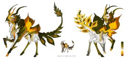 Rule 34 | absurdres, animal focus, artist name, black horns, character sheet, color guide, covered eyes, creature, from side, full body, head wings, highres, hooves, horns, leg up, multiple views, nightcrow, no humans, orange wings, original, profile, simple background, standing, tail, white background, wings