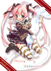 Rule 34 | 1girl, artist name, blue eyes, boots, dated, happy valentine, kamiya maneki, kneeling, open mouth, pastry bag, pink hair, pleated skirt, school uniform, serafuku, sitting, skirt, smile, solo, striped clothes, striped thighhighs, thighhighs, twintails, valentine, wariza, zettai ryouiki