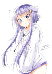 Rule 34 | 1girl, alternate costume, blue eyes, blush, crescent, crescent hair ornament, hair between eyes, hair ornament, highres, hizaka, hood, hoodie, kantai collection, long sleeves, looking at viewer, one-hour drawing challenge, open mouth, purple hair, short hair with long locks, simple background, solo, sweat, twitter username, white background, white hoodie, yayoi (kancolle)