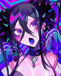 Rule 34 | 1girl, aqua background, bare shoulders, black choker, black hair, black scrunchie, blush, choker, collarbone, colored tongue, crossed bangs, ear piercing, eyeshadow, hair ornament, hair scrunchie, heart, heart-shaped pupils, highres, himanemuitoma, jacket, jacket partially removed, long hair, long sleeves, looking at viewer, makeup, open mouth, original, piercing, pink background, pink eyeshadow, purple background, purple eyes, purple eyeshadow, purple jacket, purple tongue, scrunchie, sleeves past fingers, sleeves past wrists, solo, spikes, symbol-shaped pupils, tongue, tongue out, twintails, upper body, white trim